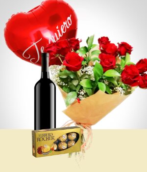 Flowers to Brasil Combo Inspiração: Buquê de 12 rosas + Balão + Vinho + Chocolate