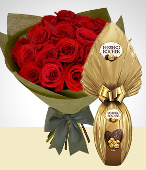 Pscoa - Combo Pscoa apaixonante: 1 Buqu de 24 Rosas vermelhas + Ovo de pascoa Ferrero Rocher