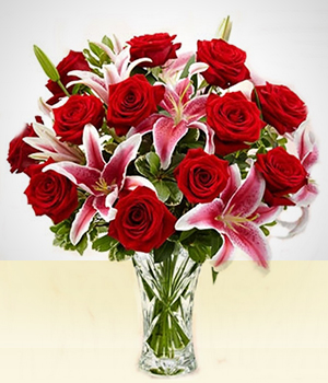 Flowers to Brasil De Amor: Lírios rosas e Rosas vermelhas no vaso