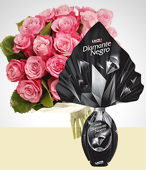 Festas Prximas - Combo de Pscoa Sonhos de Amor: 1 Buqu de 24 Rosas Cor-de-rosa + 1 Ovo de Pscoa Diamante Negro