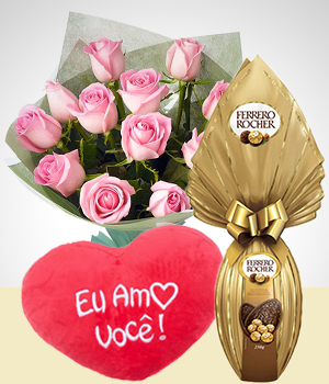 Festas Prximas - Combo Pscoa dos Amantes: 1 Buqu de 12 Rosas cor-de-rosa + 1 Pelcia de corao + 1 Ovo de Pscoa Ferrero Rocher